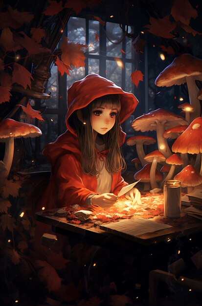 chica anime con capucha roja sentada en una mesa con una vela encendida ai generativo