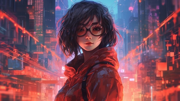 chica anime con chaqueta roja y gafas parada en una ciudad ai generativa