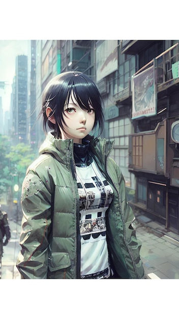 La chica del anime con una chaqueta verde