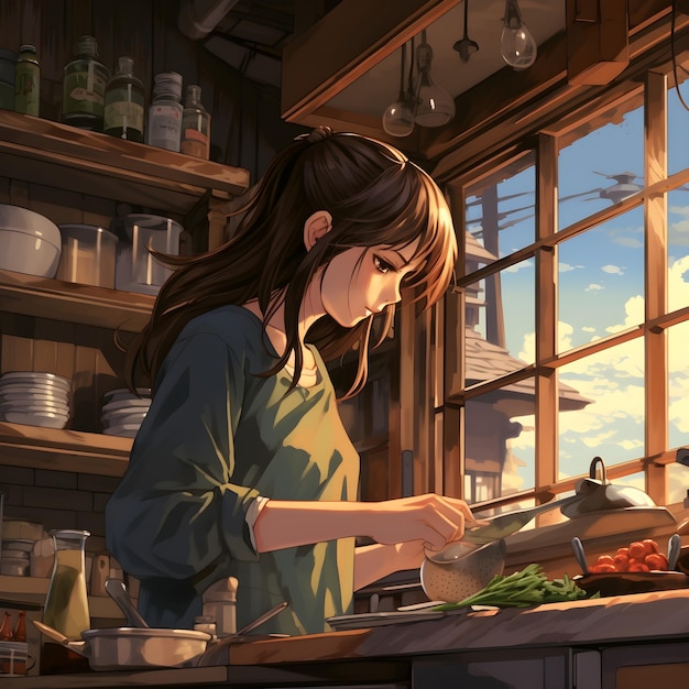 Una chica de anime cocinando en una cocina