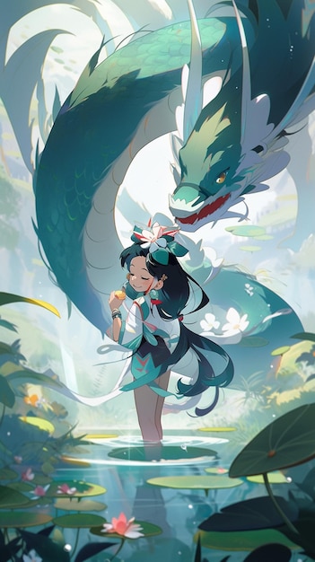 Chica de anime con una cola de dragón y una flor en la mano