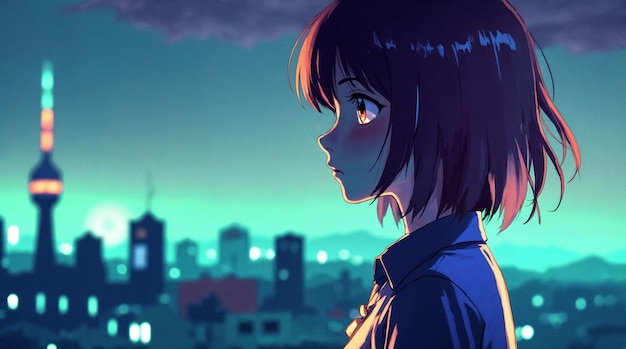 Chica de anime contemplando el horizonte de la ciudad al atardecer