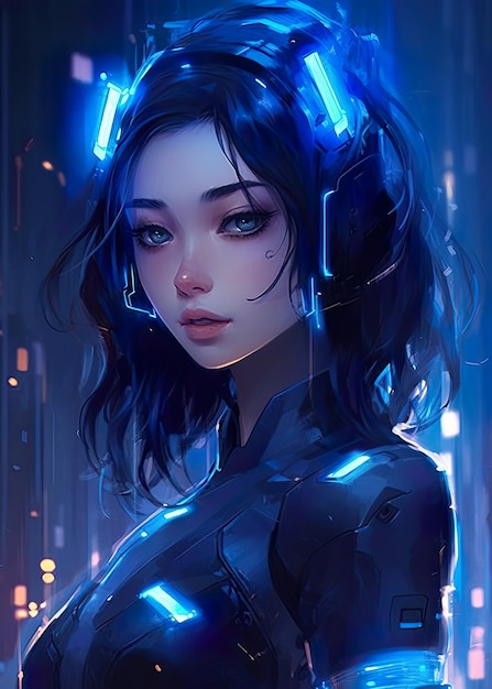 Chica anime cyberpunk azul