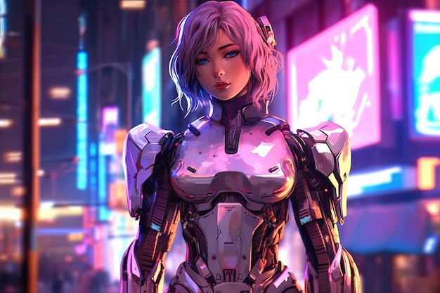 Chica de anime cyborg futurista con vestido de armadura plateada de pie frente a un telón de fondo de luces de neón y artilugios de alta tecnología estilo manga ilustración generativa ai