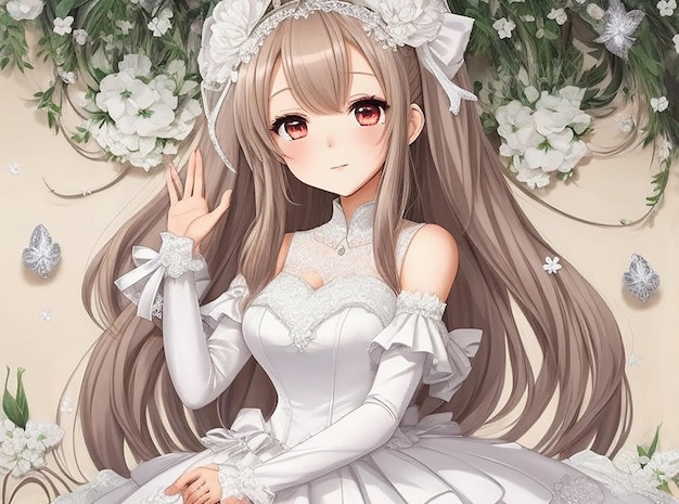 Una chica de anime con dears blancos con dibujos animados de vestido de novia