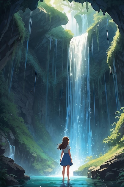 chica de anime descubriendo una puerta oculta a un reino mágico detrás de una cascada
