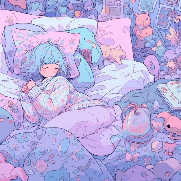 chica anime durmiendo en la cama con un montón de animales de peluche generativa ai