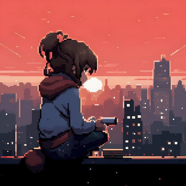 chica anime escuchando ritmos de lofi acompañada de su gato estilo pixel art