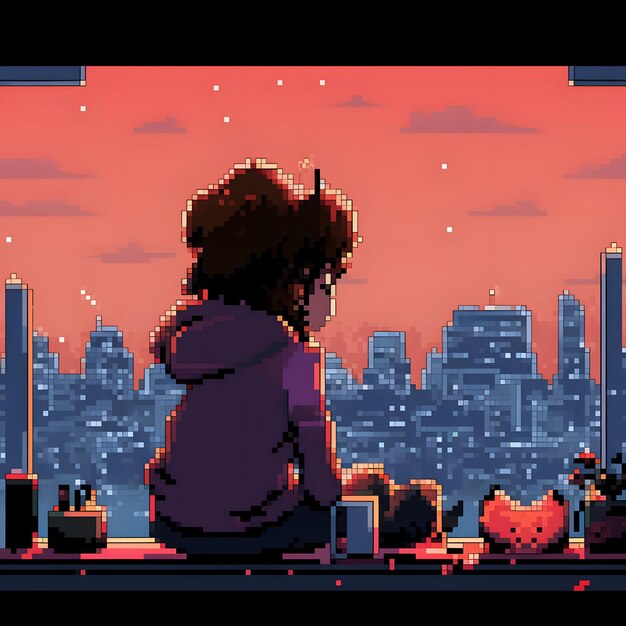 chica anime escuchando ritmos de lofi acompañada de su gato estilo pixel art