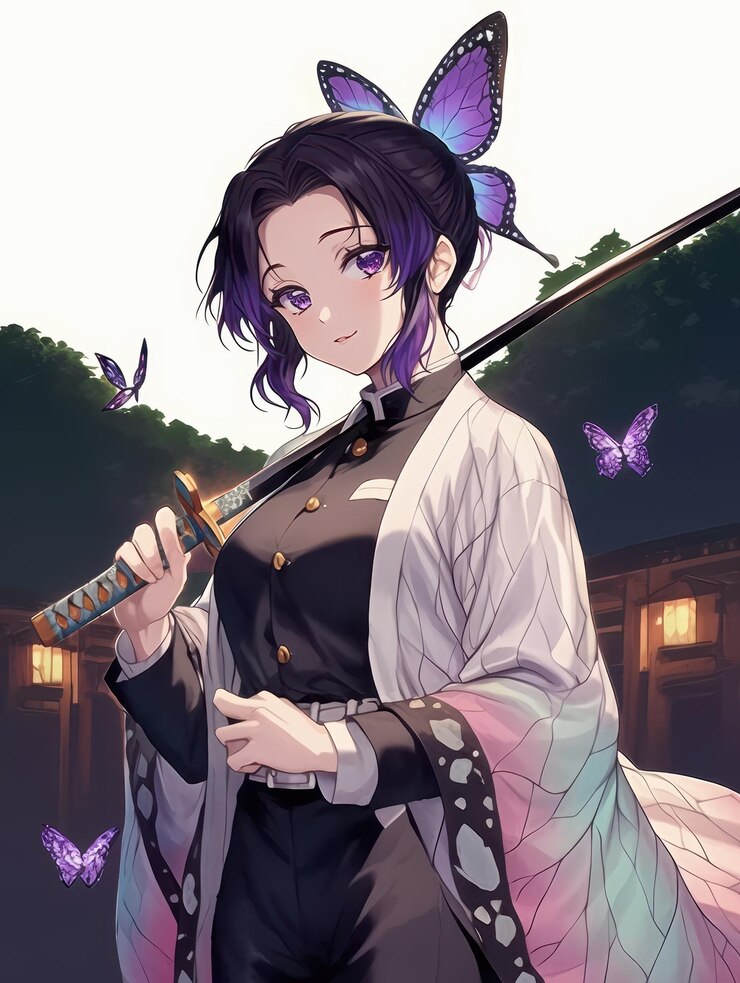 una chica de anime con una espada y mariposas