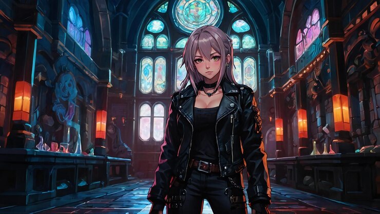 una chica de anime está de pie frente a un edificio con una espada