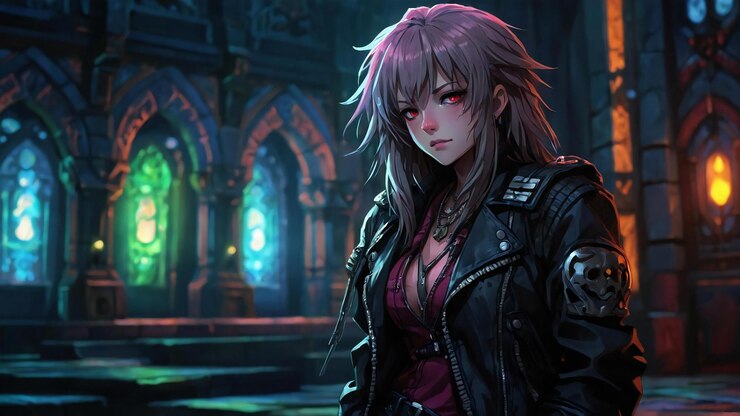 una chica de anime está de pie frente a un edificio con una espada