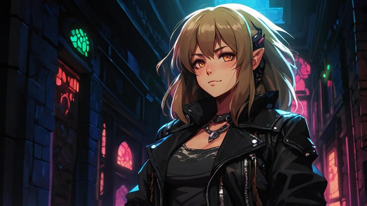 una chica de anime está de pie frente a un edificio con una espada