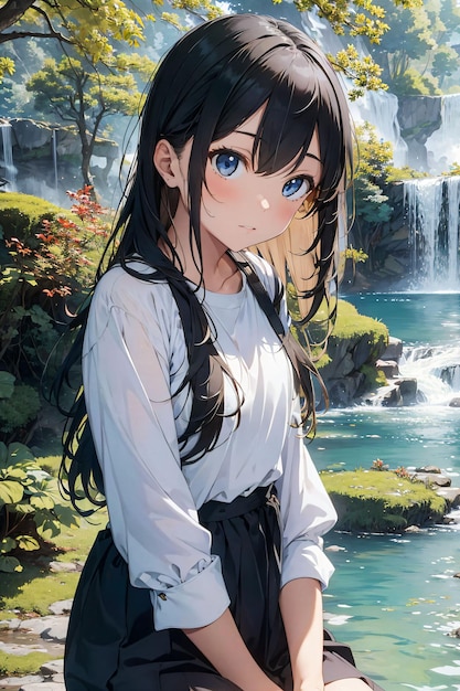 Foto chica anime frente a una cascada