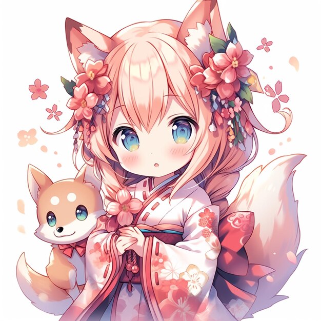 chica anime con un gato y flores en el pelo generativ ai