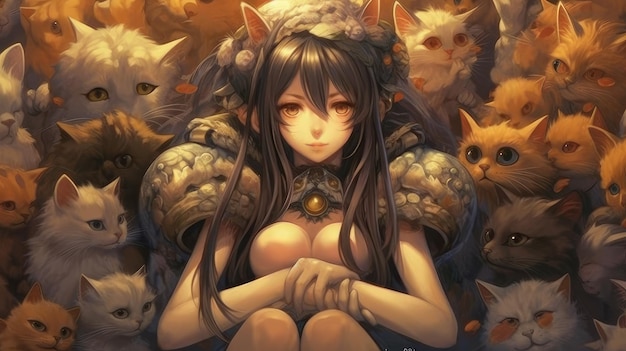 Chica de anime y gatos