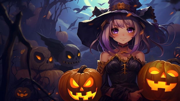 chica de anime de halloween con calabazas