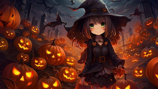 chica de anime de halloween con calabazas