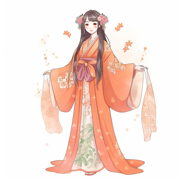 chica de anime en kimono naranja con flores en su cabello generativo ai