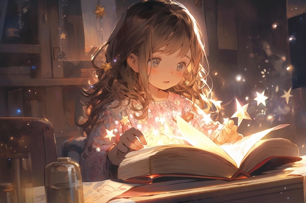 chica anime leyendo un libro con estrellas en el fondo ai generativo