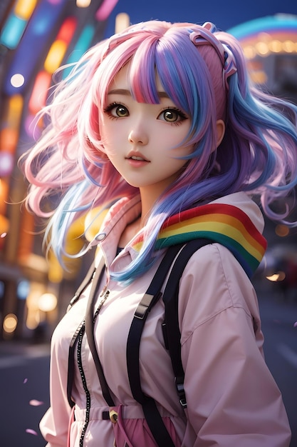 Chica anime linda con cabello de arco iris Anime colorido hermosa chica anime chica anime chica anime chica anime IA generativa