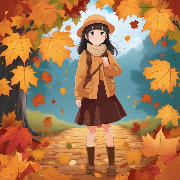 Foto chica de anime linda rodeada de hojas de otoño