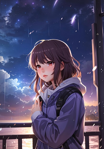 Foto chica anime llorando en una noche lluviosa de galaxia