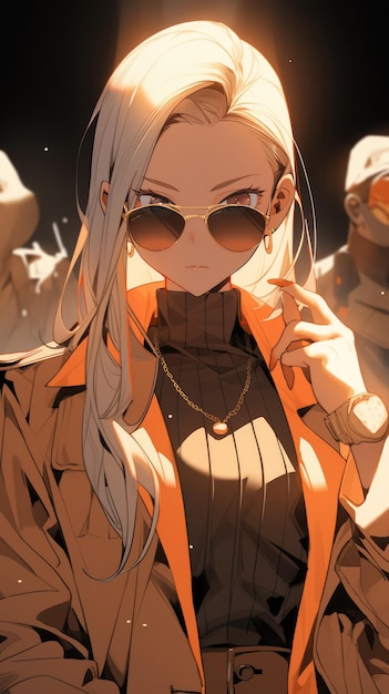 una chica anime en marrón con gafas de sol