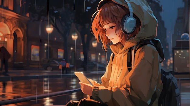 Chica anime melancólica encontrando consuelo bajo la lluvia sentada en un banco con auriculares emot