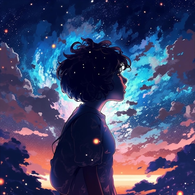 Chica de anime mirando las estrellas en el cielo generativo ai