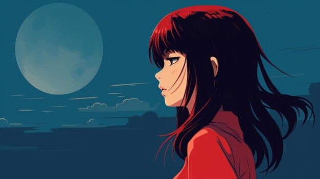 Foto chica de anime mirando fijamente a la luna con el pelo largo generativa ai