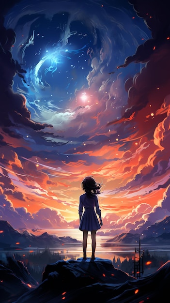 Chica anime mirando un hermoso cielo con una espiral en el fondo ai generativo