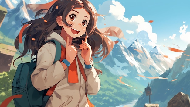 chica de anime con mochila y mochila de pie frente a una montaña generativa ai