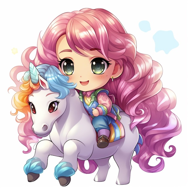 Chica de anime montando un unicornio con el cabello rosado largo generativo ai