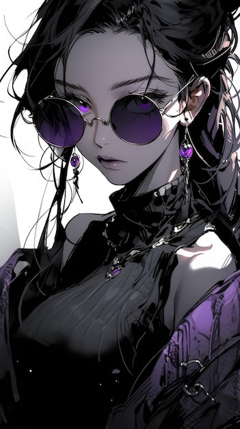 una chica anime de morado con gafas de sol