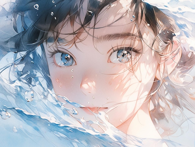 chica anime con ojos azules en el agua ai generativa