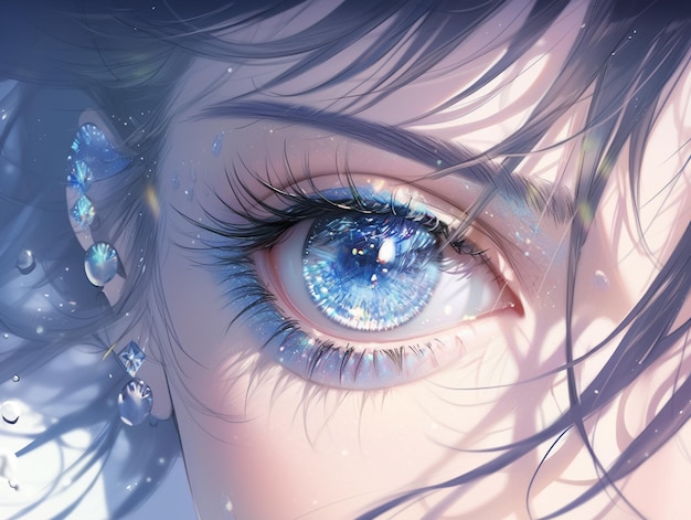 Foto chica de anime con ojos azules y cabello largo con gotas de agua generativa ai