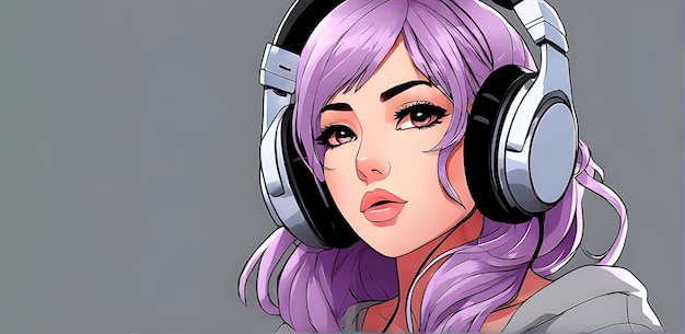 Chica anime con ojos morados y cabello con audífonos sobre un fondo gris con espacio para copiar