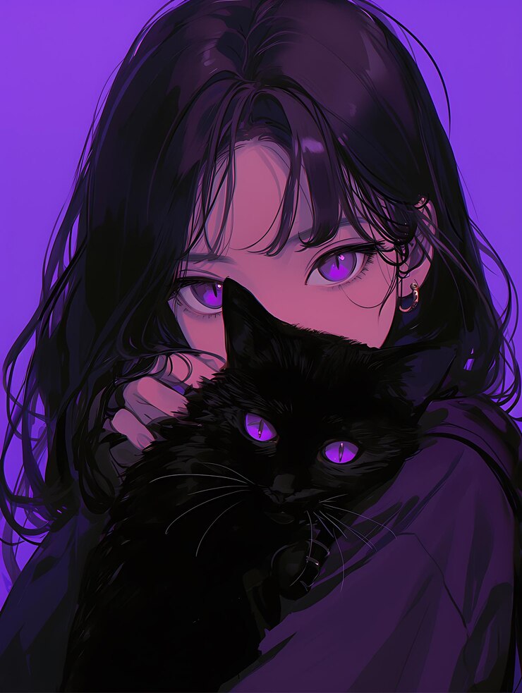 chica de anime con ojos púrpuras sosteniendo un gato negro
