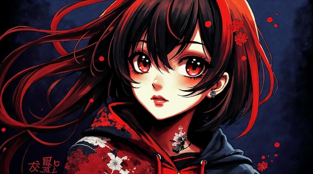 Chica del anime con ojos rojos y cabello negro