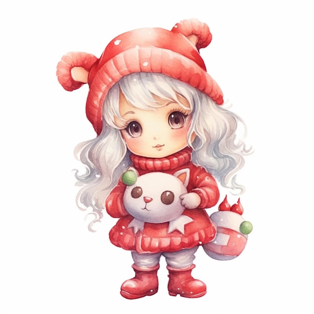 chica anime con un osito de peluche y una bola de nieve ai generativa