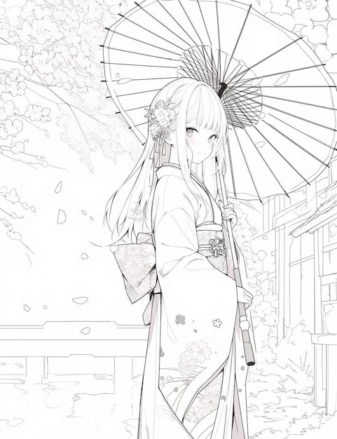 chica de anime con paraguas frente a un templo japonés generativo ai