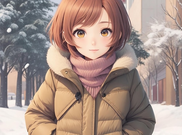 Una chica anime con pelo corto usando dibujos animados de ropa de invierno