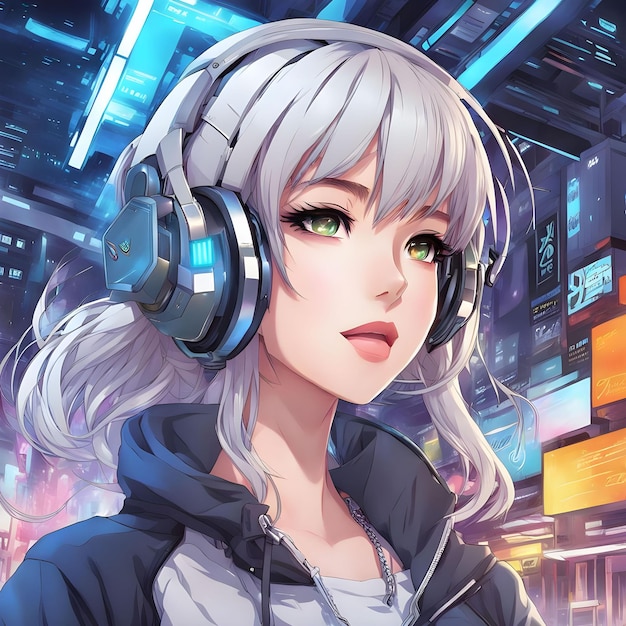 Foto chica anime con pelo gris escuchando música con auriculares en la ciudad futurista