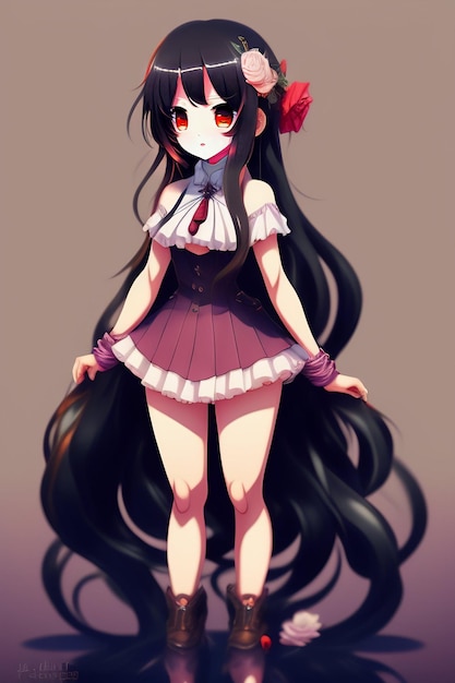 Chica anime con pelo largo y negro y una flor roja en el pelo.