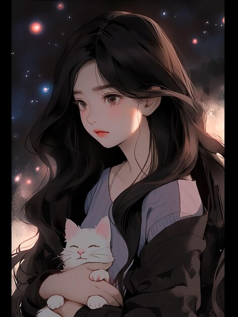 Foto chica de anime con el pelo largo y negro sosteniendo un gato blanco generativo ai