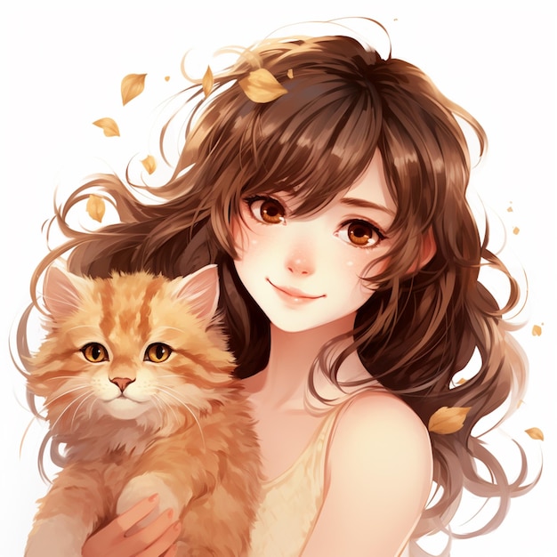 chica de anime con el pelo largo sosteniendo un gato en sus brazos generativo ai