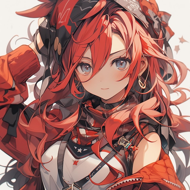 Una chica de anime con el pelo rojo largo y fluido y un aspecto decidido creada con IA generativa