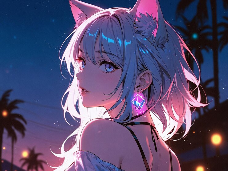 chica de anime con un pendiente rosa con fondo de luz de neón