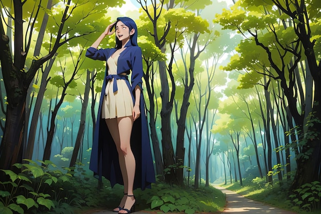 Una chica de anime perdida en el bosque ilustración generativa ai